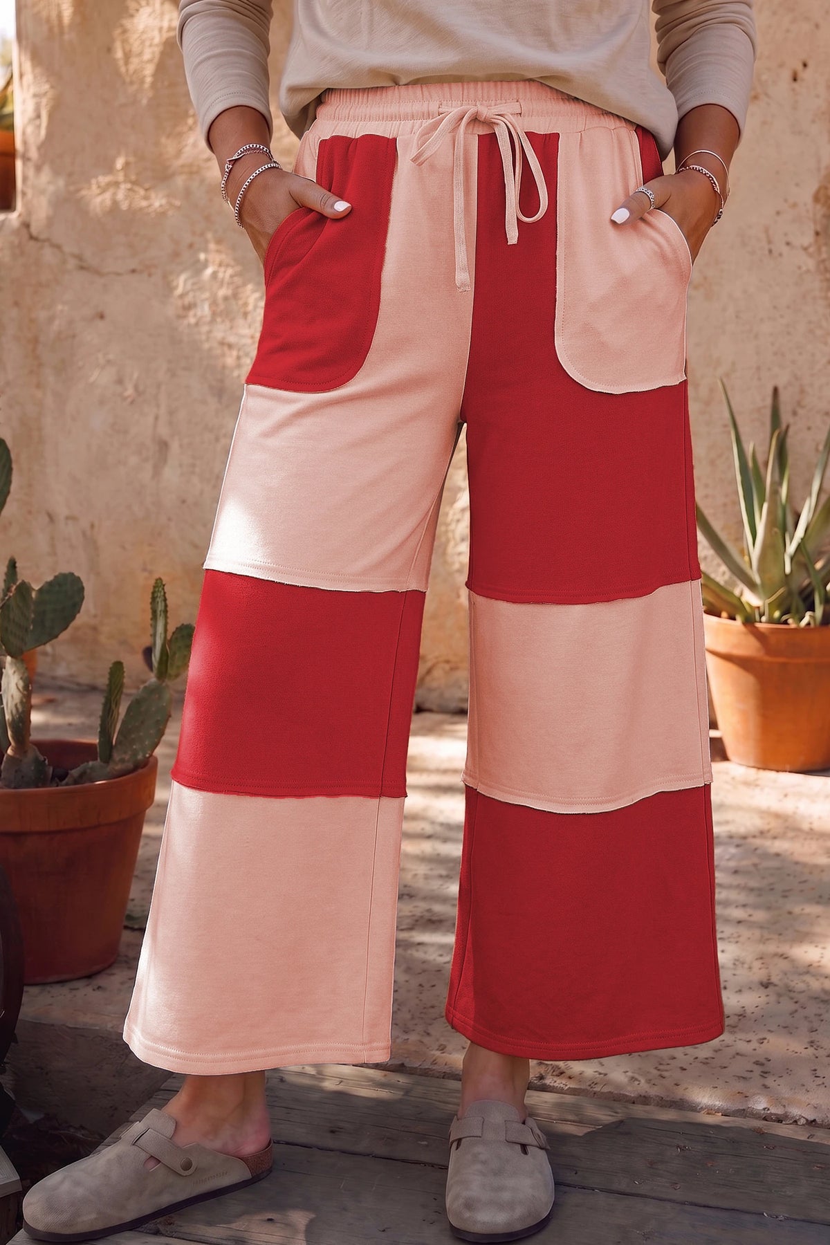 Sasha Red Raw Seam Colorblock Wide Leg Ankle Length Casual Pants