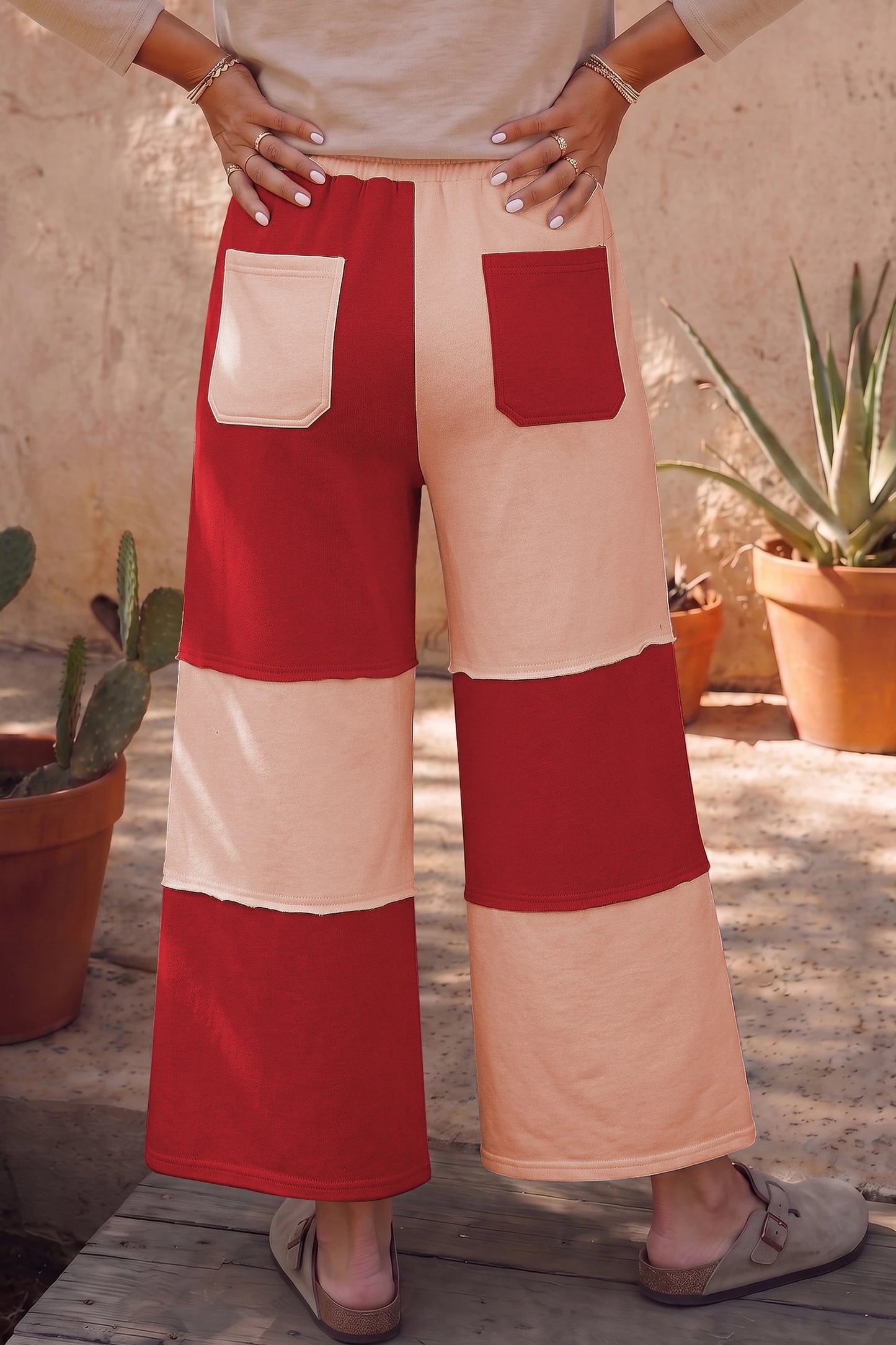 Sasha Red Raw Seam Colorblock Wide Leg Ankle Length Casual Pants