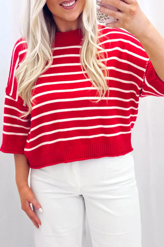 Savannah Red Stripe Dropped Shoulder Half Sleeve Relaxed Knit Sweater