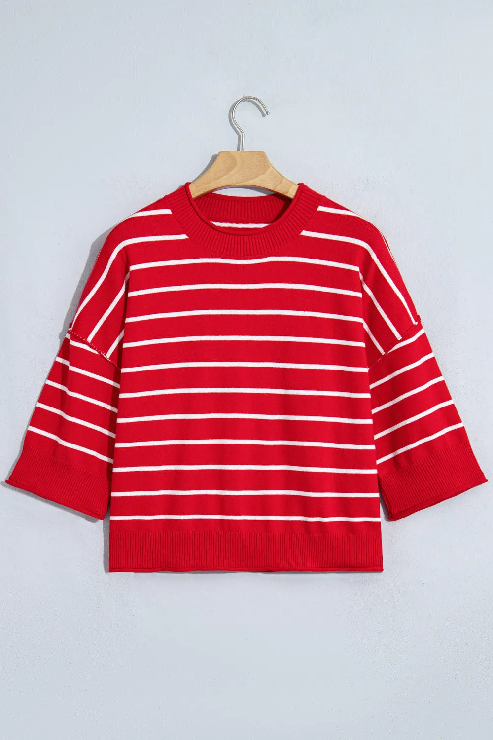 Savannah Red Stripe Dropped Shoulder Half Sleeve Relaxed Knit Sweater