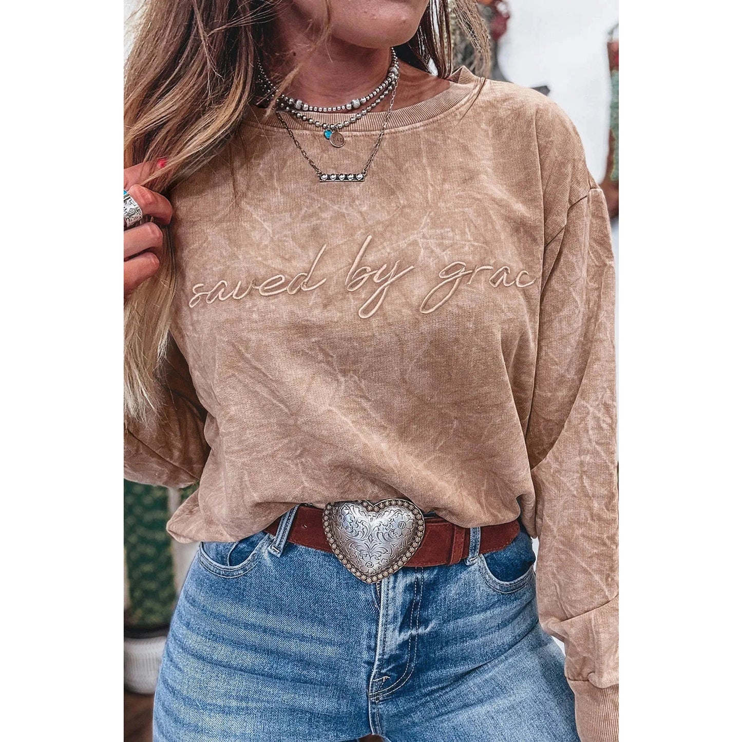Saved By Grace Brown Letter Embroidery Mineral Wash Loose Sweatshirt