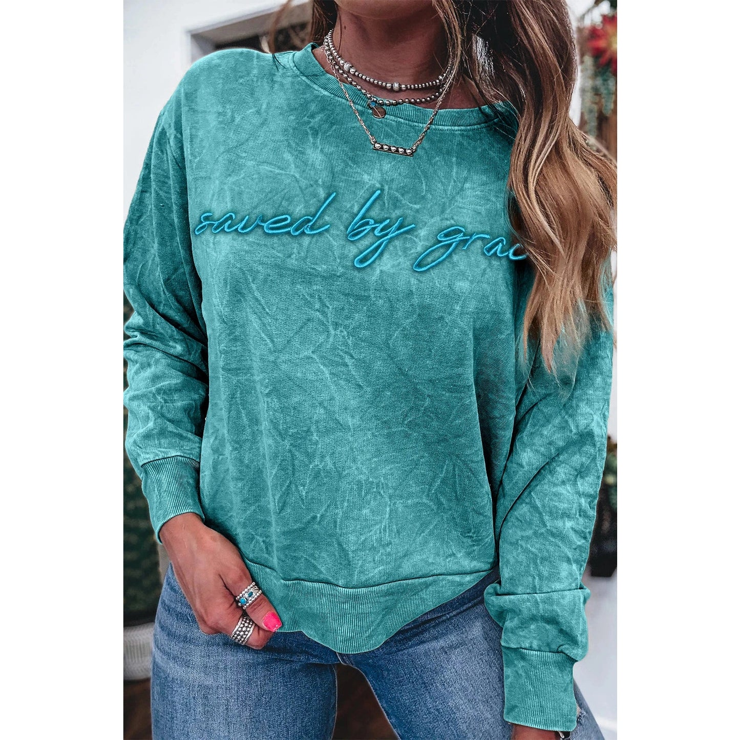 Saved By Grace Sea Green Letter Embroidery Mineral Wash Loose Sweatshirt