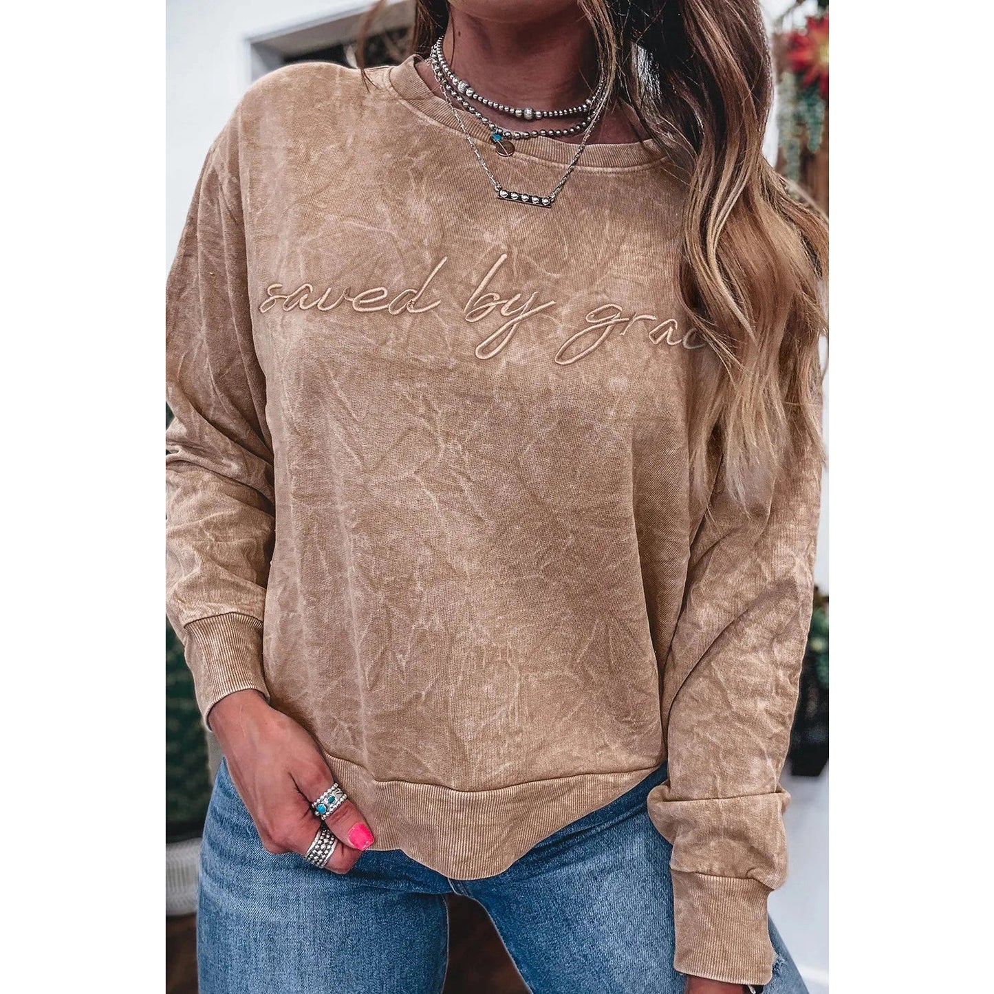 Saved By Grace Brown Letter Embroidery Mineral Wash Loose Sweatshirt
