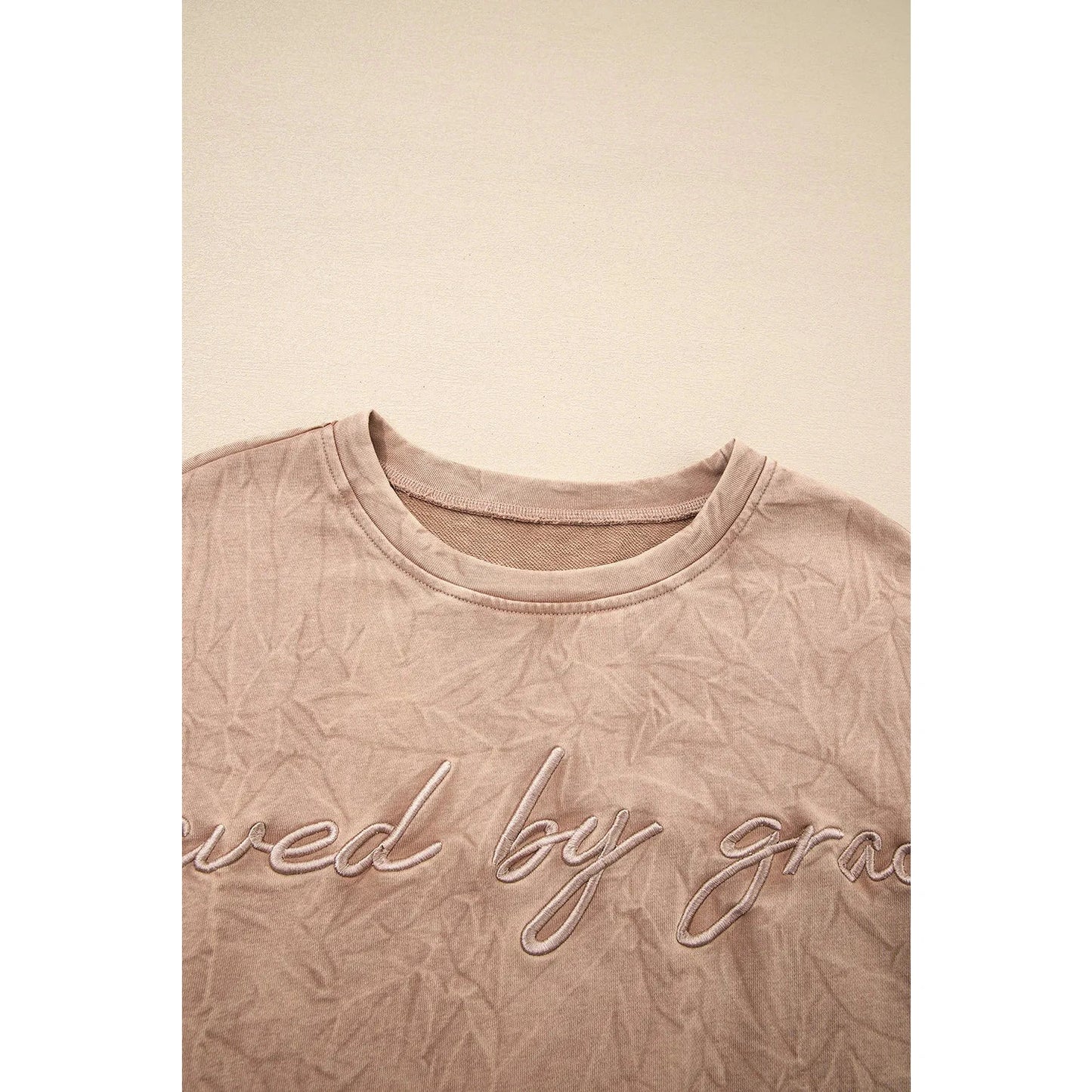 Saved By Grace Brown Letter Embroidery Mineral Wash Loose Sweatshirt