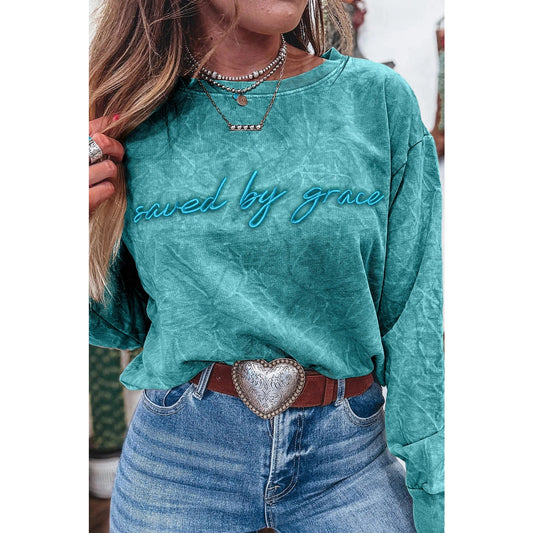 Saved By Grace Sea Green Letter Embroidery Mineral Wash Loose Sweatshirt