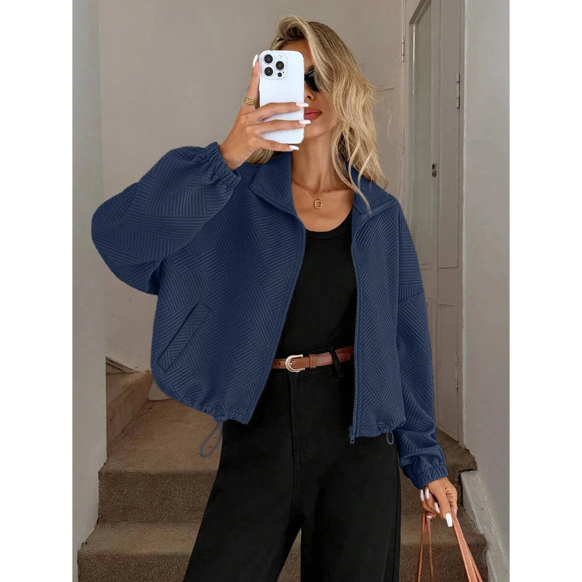 Sawyer Blue Drawstring Hem Textured Jacket