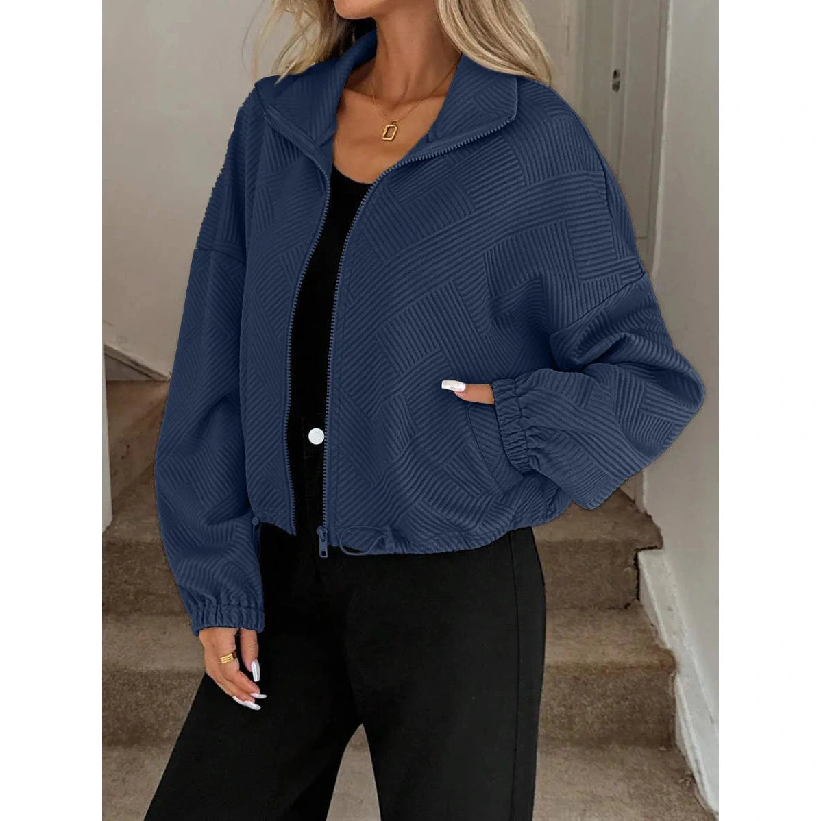 Sawyer Blue Drawstring Hem Textured Jacket