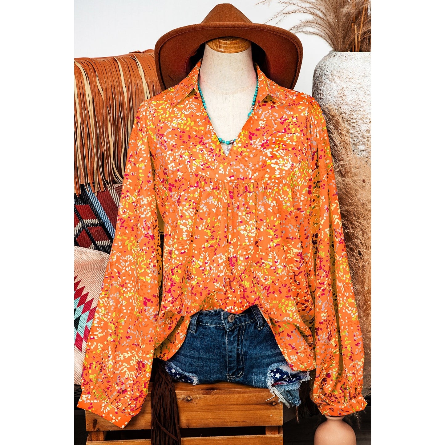 Scarlette Orange Abstract Print Collared V Neck Babydoll Blouse