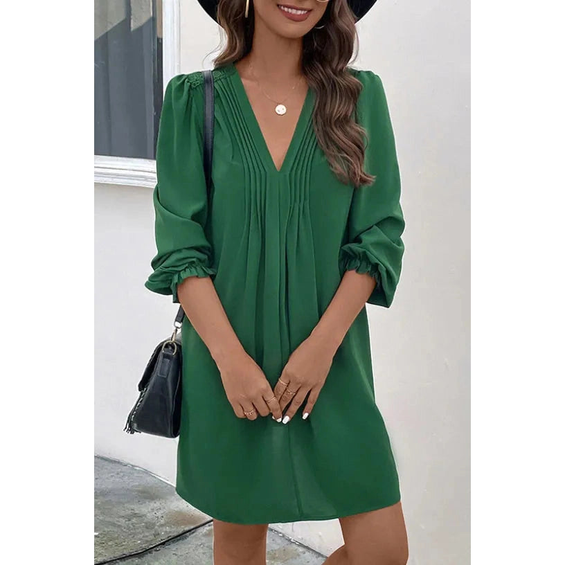 Selby Green V-Neck Pleated Long Sleeved Dress