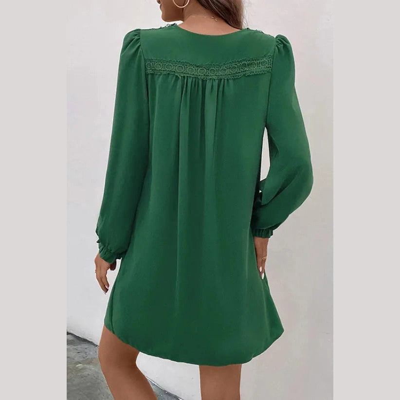 Selby Green V-Neck Pleated Long Sleeved Dress