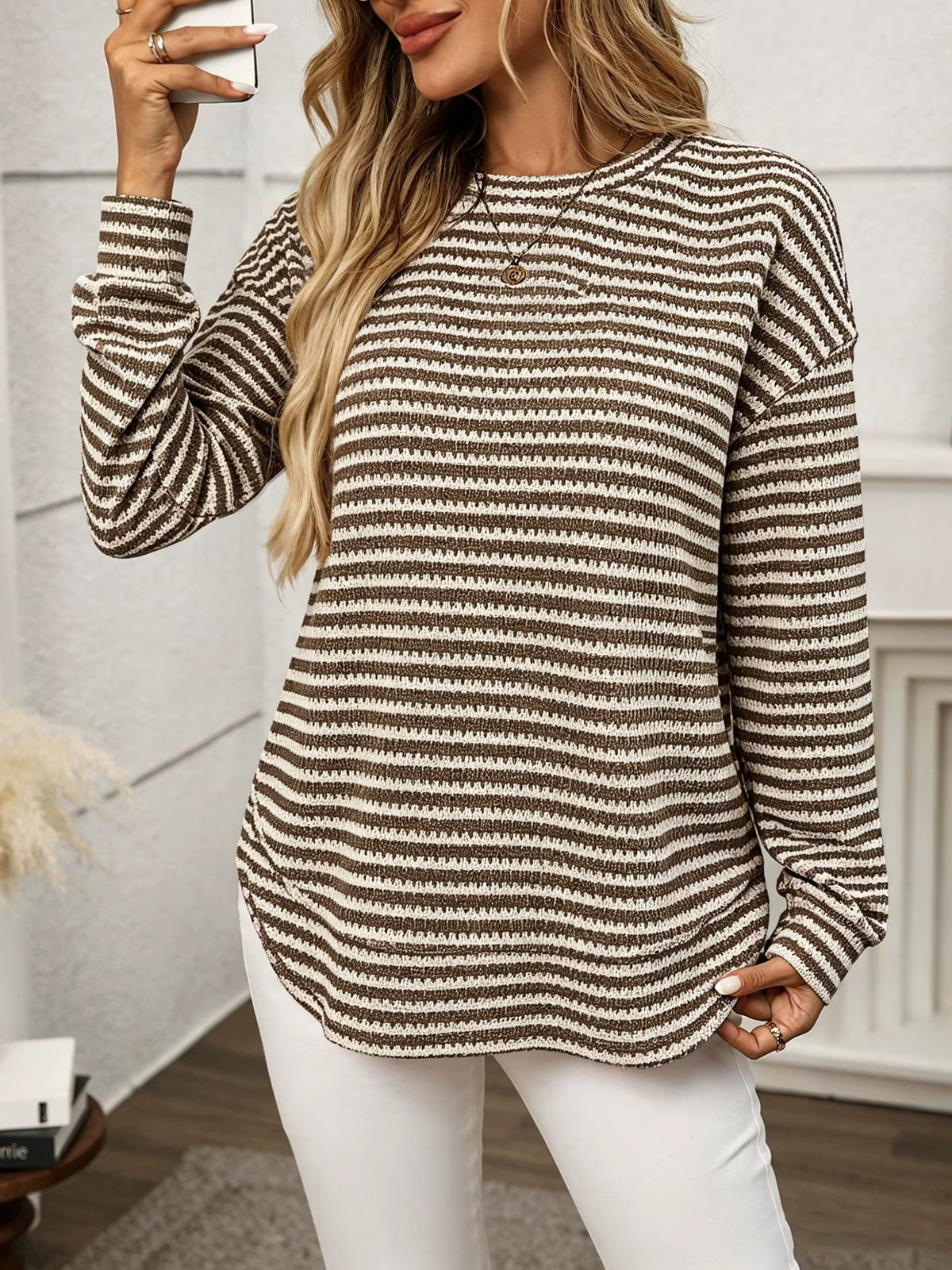 Selene Brown Striped Knit Curved Hem Pullover