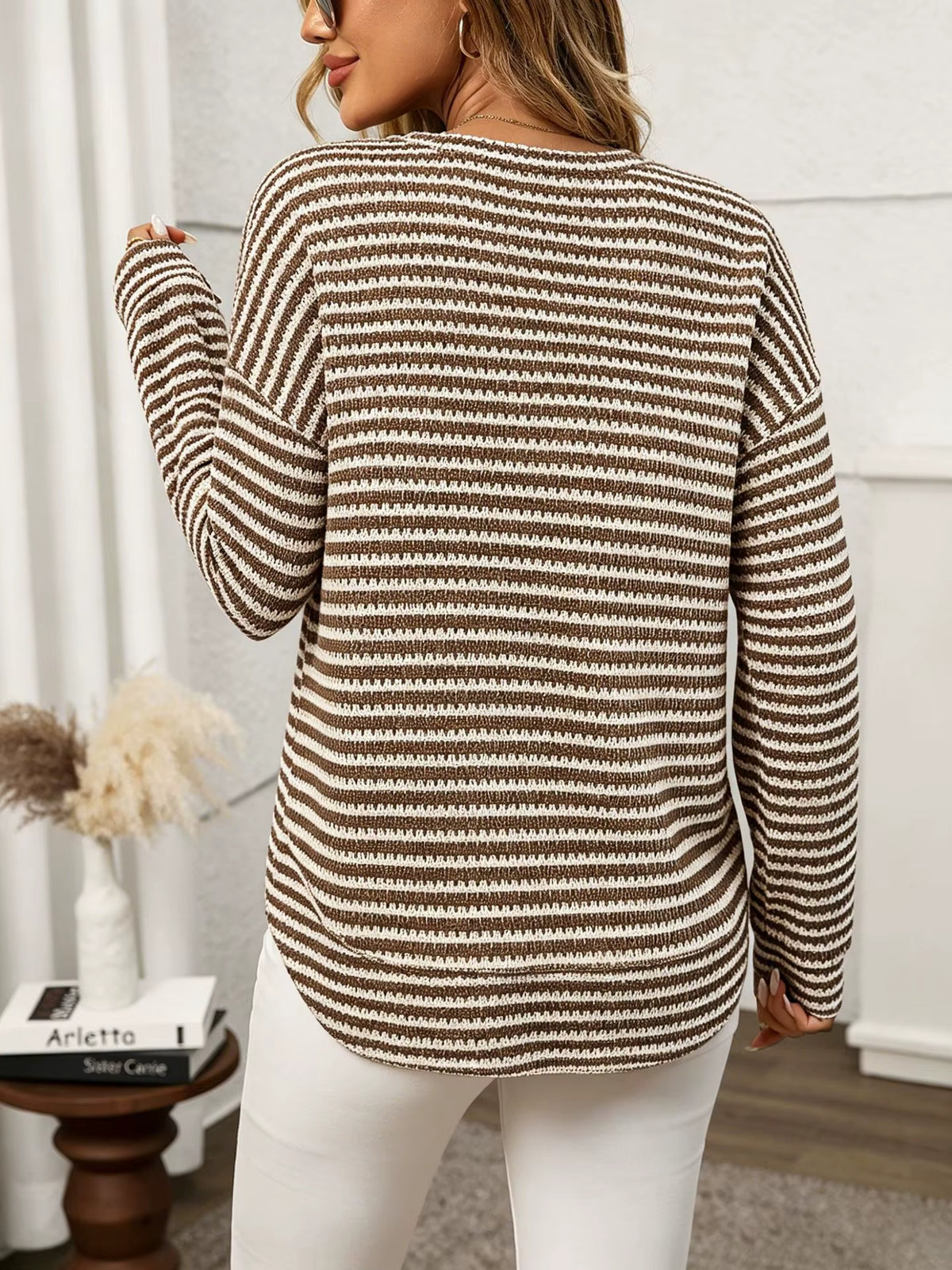 Selene Brown Striped Knit Curved Hem Pullover