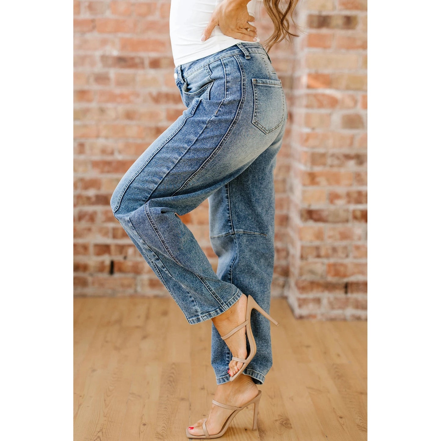 Serah Dusk Blue Vintage Washed Seam Detail Shift Jeans