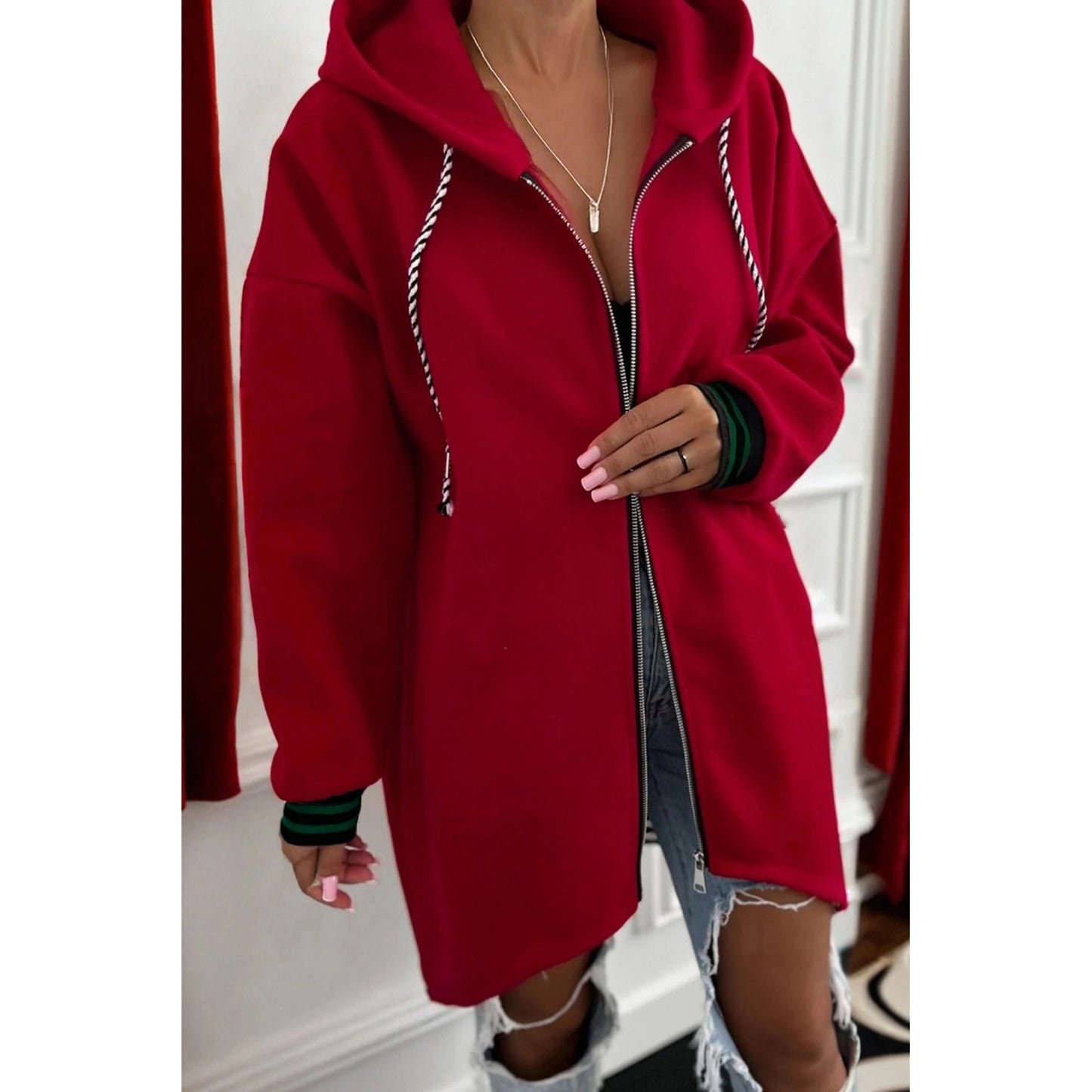Seraphina Racing Red Contrast Cuffed Drop Shoulder Zip up Tunic Hoodie