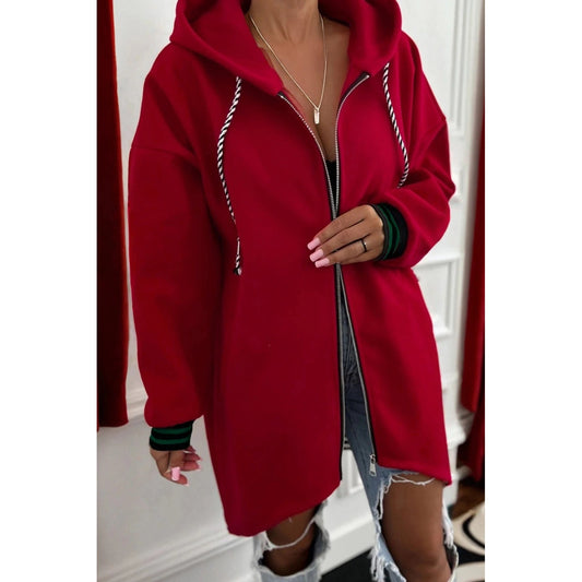 Seraphina Racing Red Contrast Cuffed Drop Shoulder Zip up Tunic Hoodie