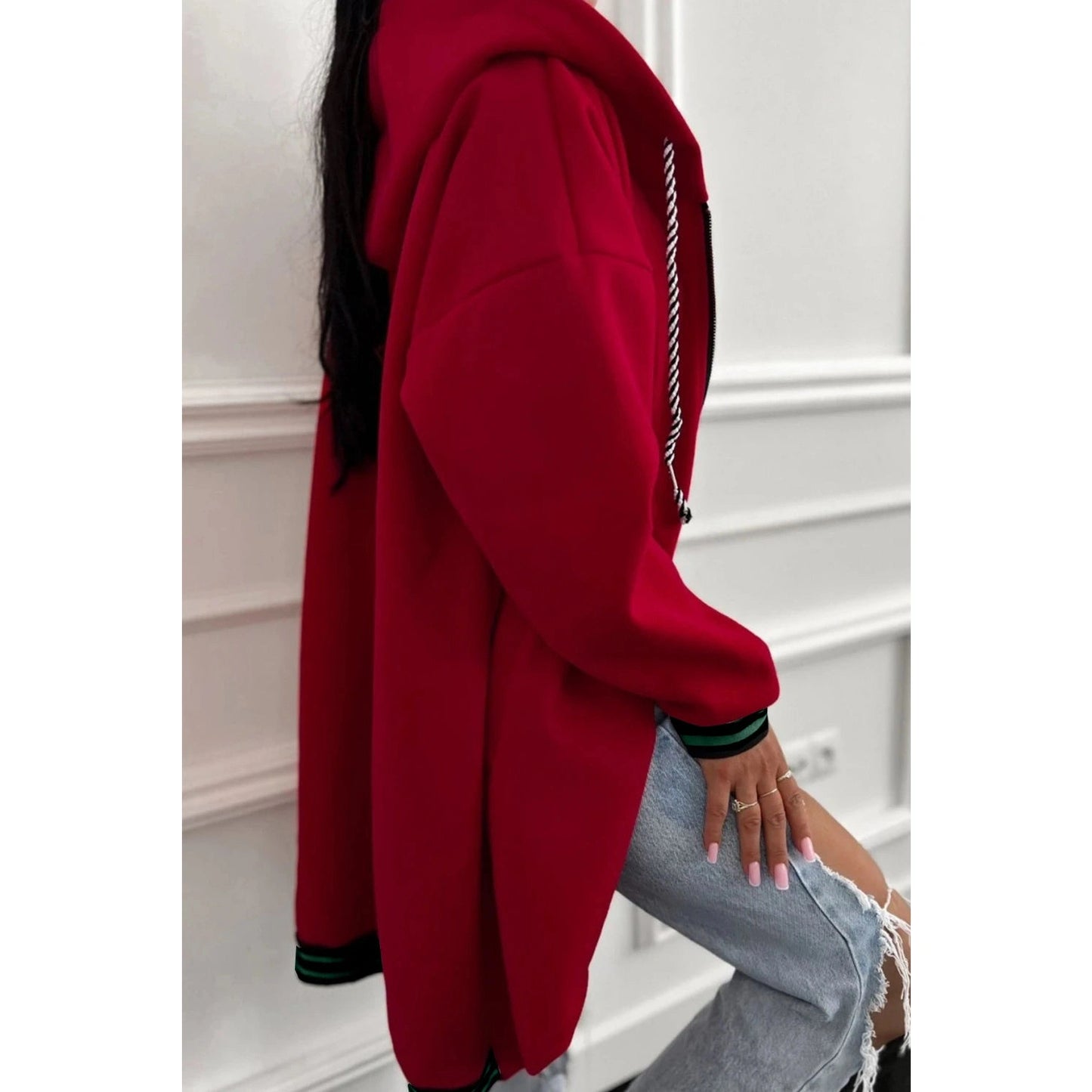 Seraphina Racing Red Contrast Cuffed Drop Shoulder Zip up Tunic Hoodie