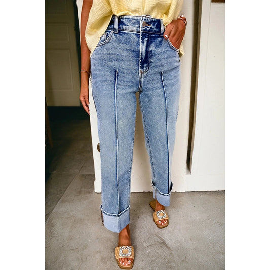 Sophia Grace Center Seam Cuffed Hem Straight High Waist Jeans