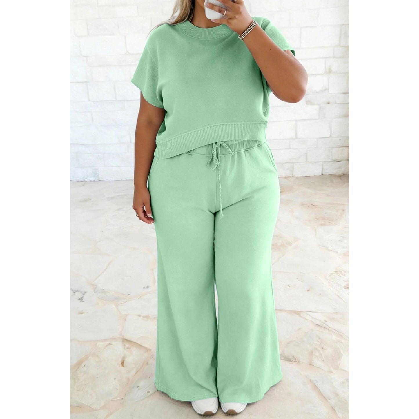 Shae Green Solid Color Loose Tee Drawstring Wide Leg Pants 2pcs Outfit