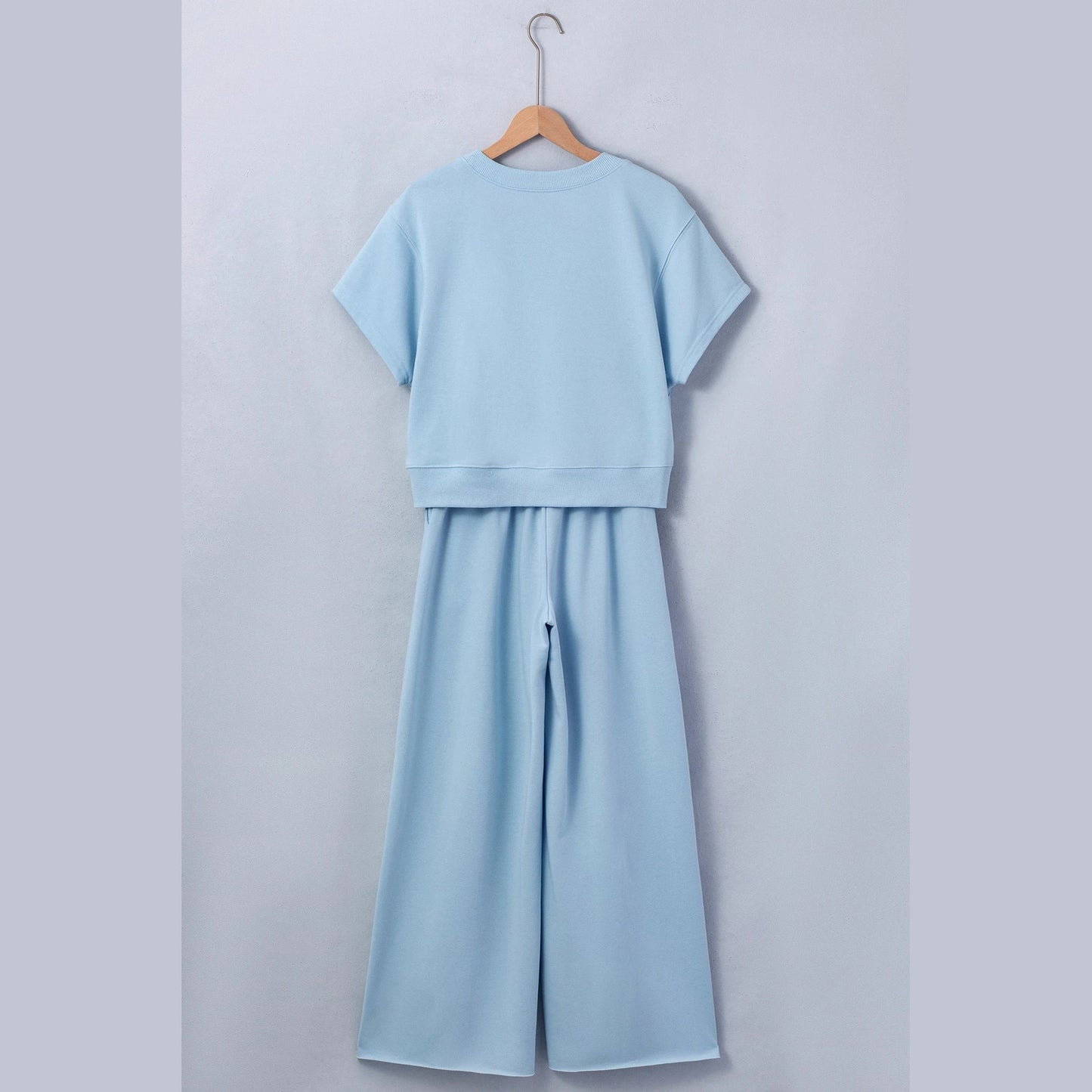 Shae Mist Blue Solid Color Loose Tee Drawstring Wide Leg Pants 2pcs Outfit