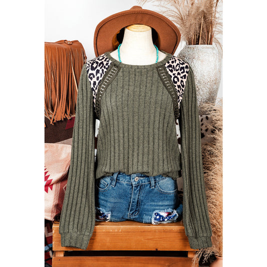 REDUCED!!!  Shae Moss Green Leopard Print Crochet Patchwork Rib Textured Knit Top  REDUCED!!!