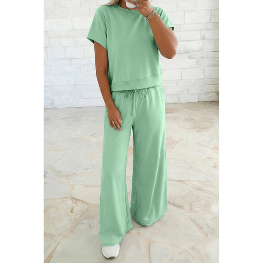 Shae Green Solid Color Loose Tee Drawstring Wide Leg Pants 2pcs Outfit