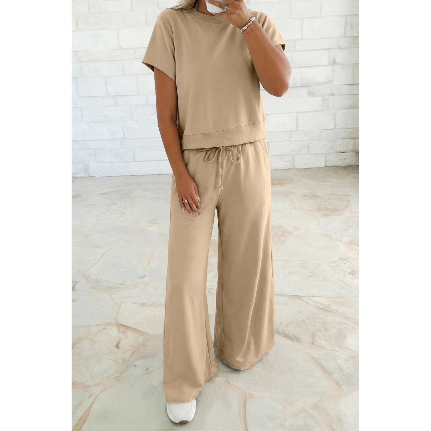 Shae Parchment Solid Color Loose Tee Drawstring Wide Leg Pants 2pcs Outfit