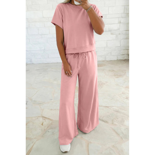 Shae Pink Solid Color Loose Tee Drawstring Wide Leg Pants 2pcs Outfit