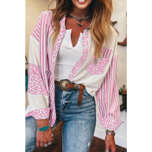 Shalee Pink Leopard Striped Western Casual Shirt