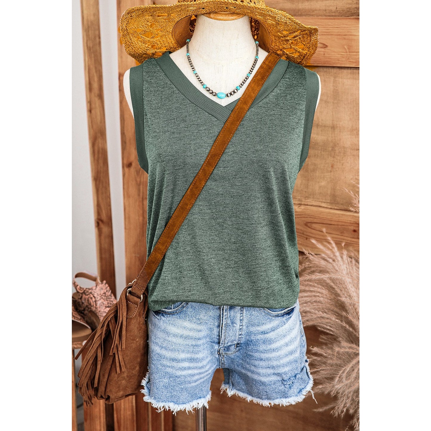 Shaley Mist Green Ribbed V Neck Tank