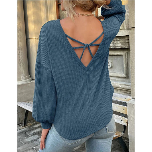 Shaley Blue Backless Waffle Knit Top