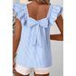 Shandi Sky Blue Stripe Square Neck Bow Decor Frilly Ruffled Short Sleeve Blouse