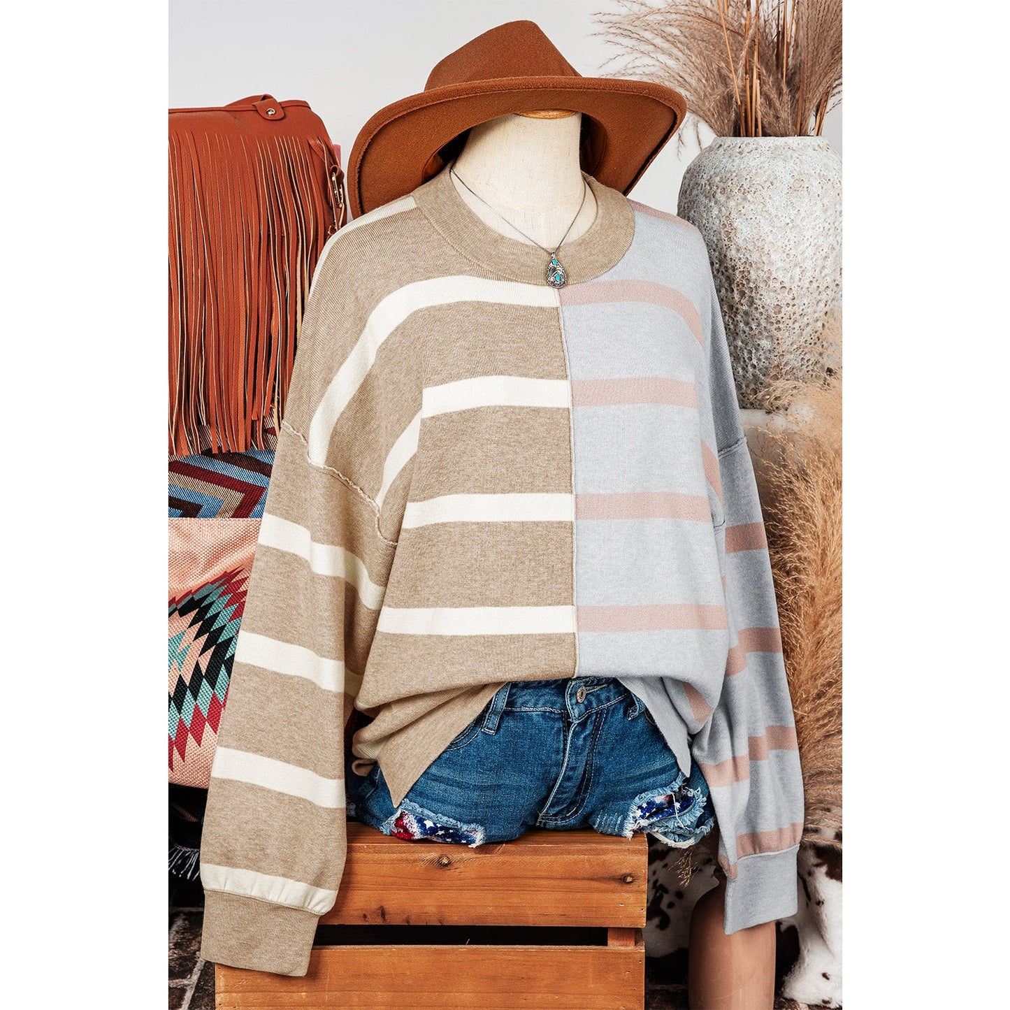 REDUCED!!! Shandi Khaki Stripe Colorblock Oversized Sweater  REDUCED!!!