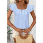 Shandi Sky Blue Stripe Square Neck Bow Decor Frilly Ruffled Short Sleeve Blouse