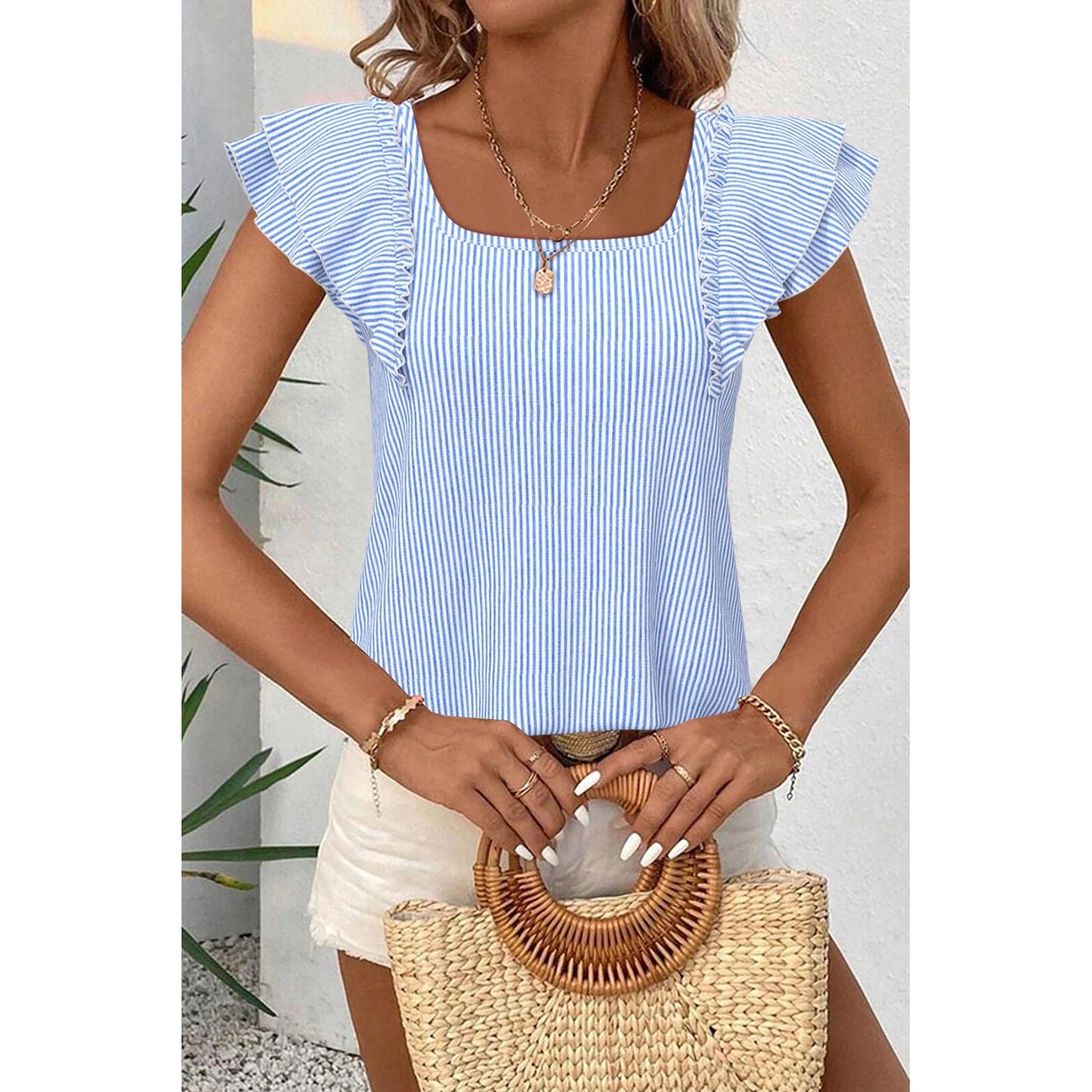 Shandi Sky Blue Stripe Square Neck Bow Decor Frilly Ruffled Short Sleeve Blouse