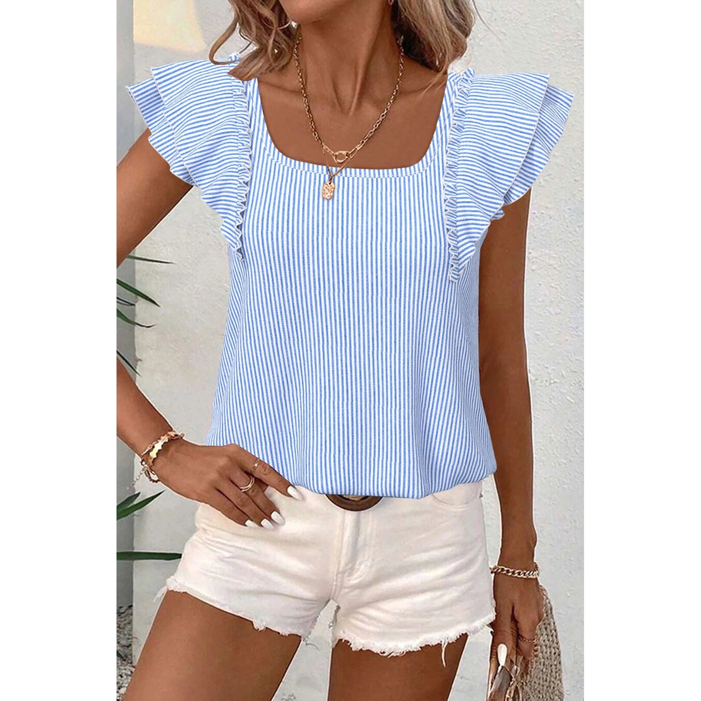 Shandi Sky Blue Stripe Square Neck Bow Decor Frilly Ruffled Short Sleeve Blouse