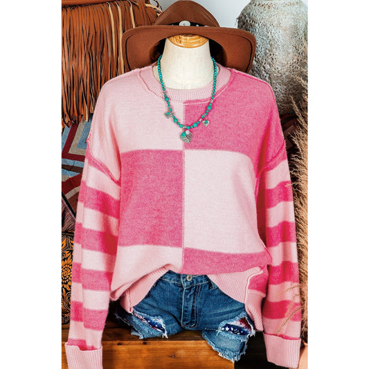 Shandon Pink Checkered Colorblock Striped High Low Loose Sweater