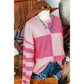 Shandon Pink Checkered Colorblock Striped High Low Loose Sweater