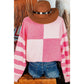 Shandon Pink Checkered Colorblock Striped High Low Loose Sweater