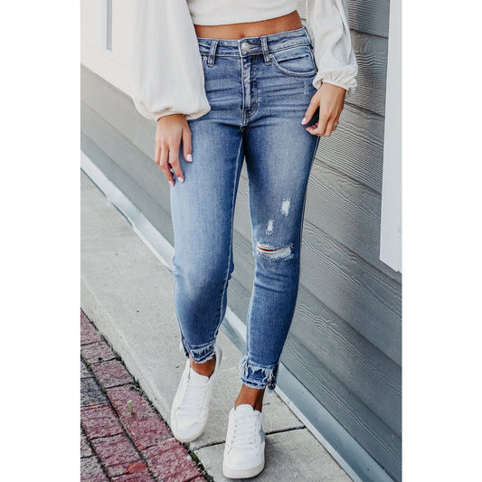 Shania Light Blue Distressed Frayed Ankle Skinny Jeans