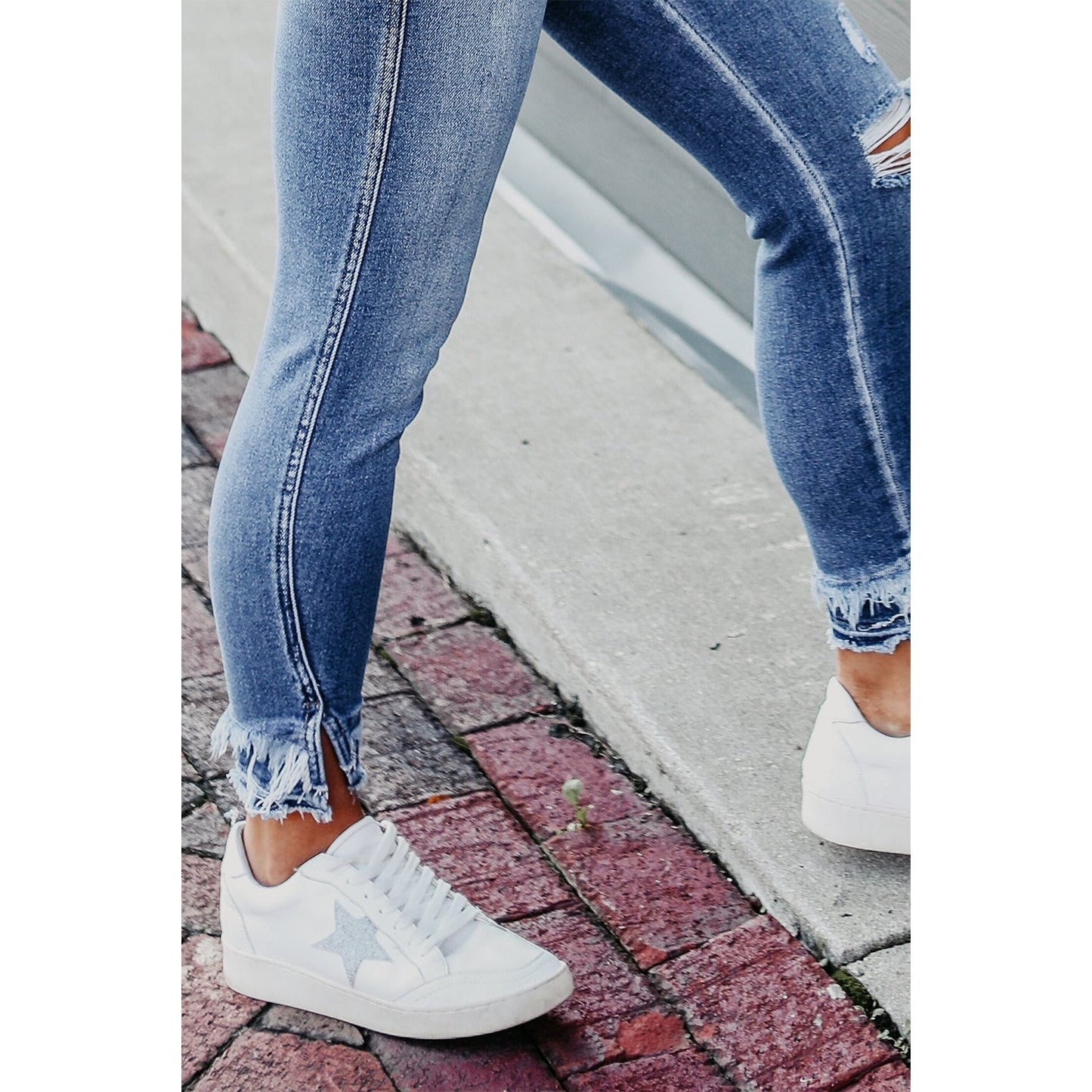 Shania Light Blue Distressed Frayed Ankle Skinny Jeans