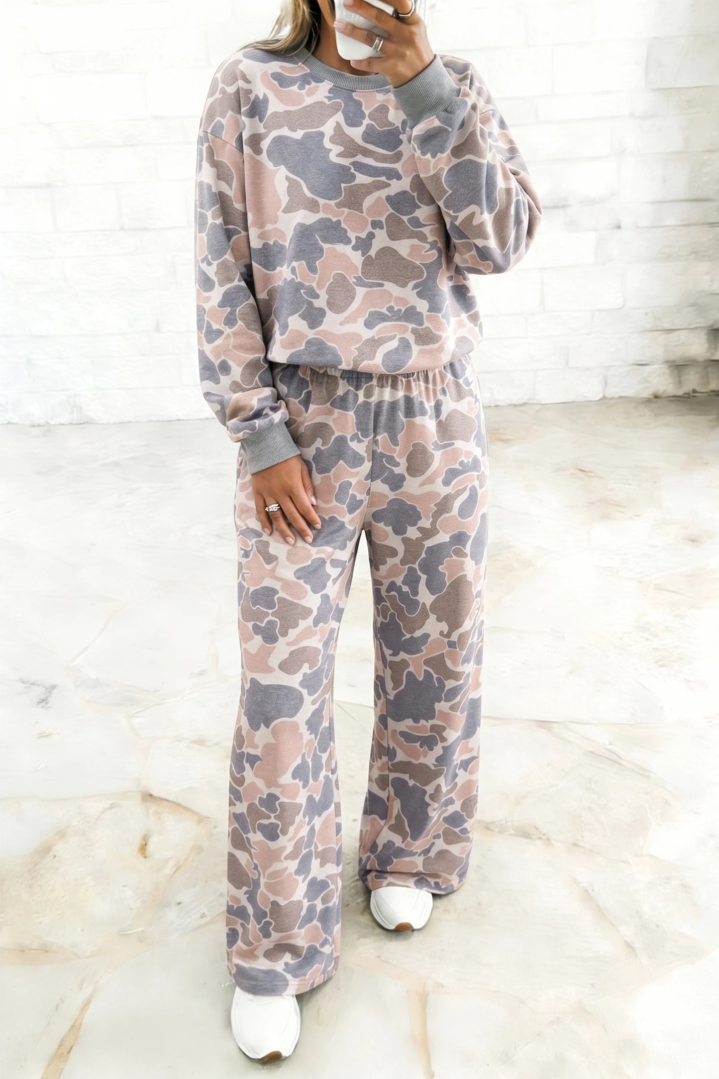 Shannen Camouflage Print Long Sleeve Top Loose 2pcs Pants Set