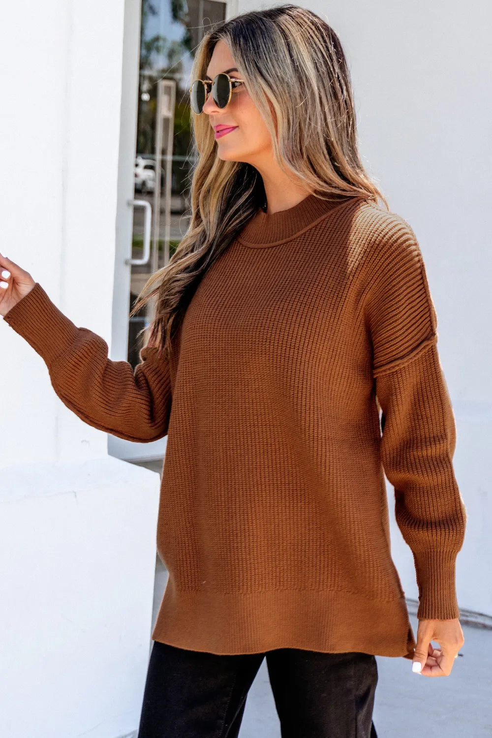 Shardae Chestnut Long Sleeve Ribbed Knit Stand Neck Regular Fit Sweater