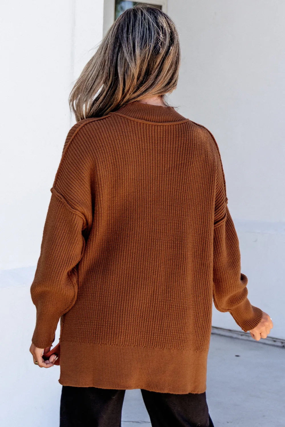 Shardae Chestnut Long Sleeve Ribbed Knit Stand Neck Regular Fit Sweater