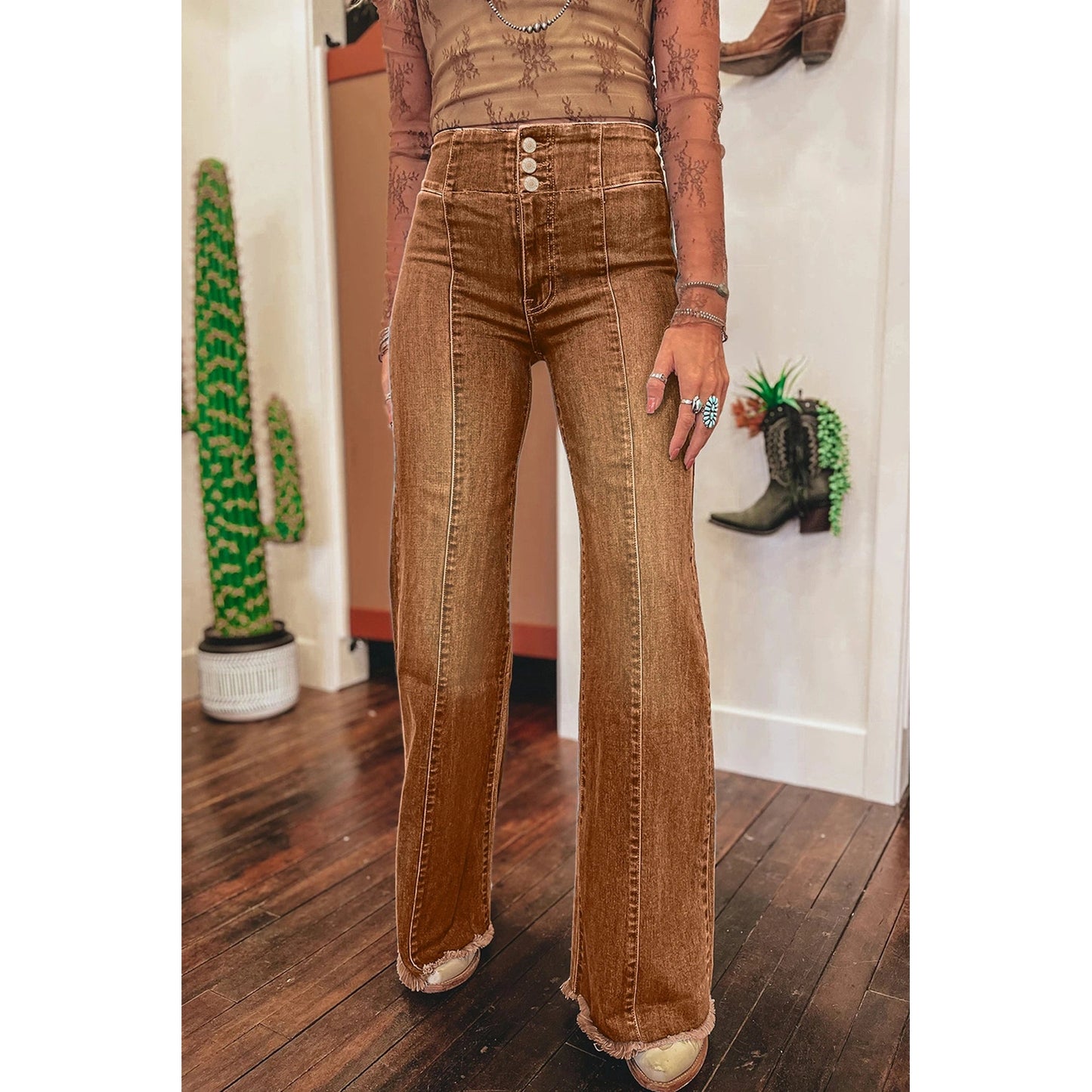 Sharma Coffee High Waist Button Fly Seamed Raw Hem Flare Jeans