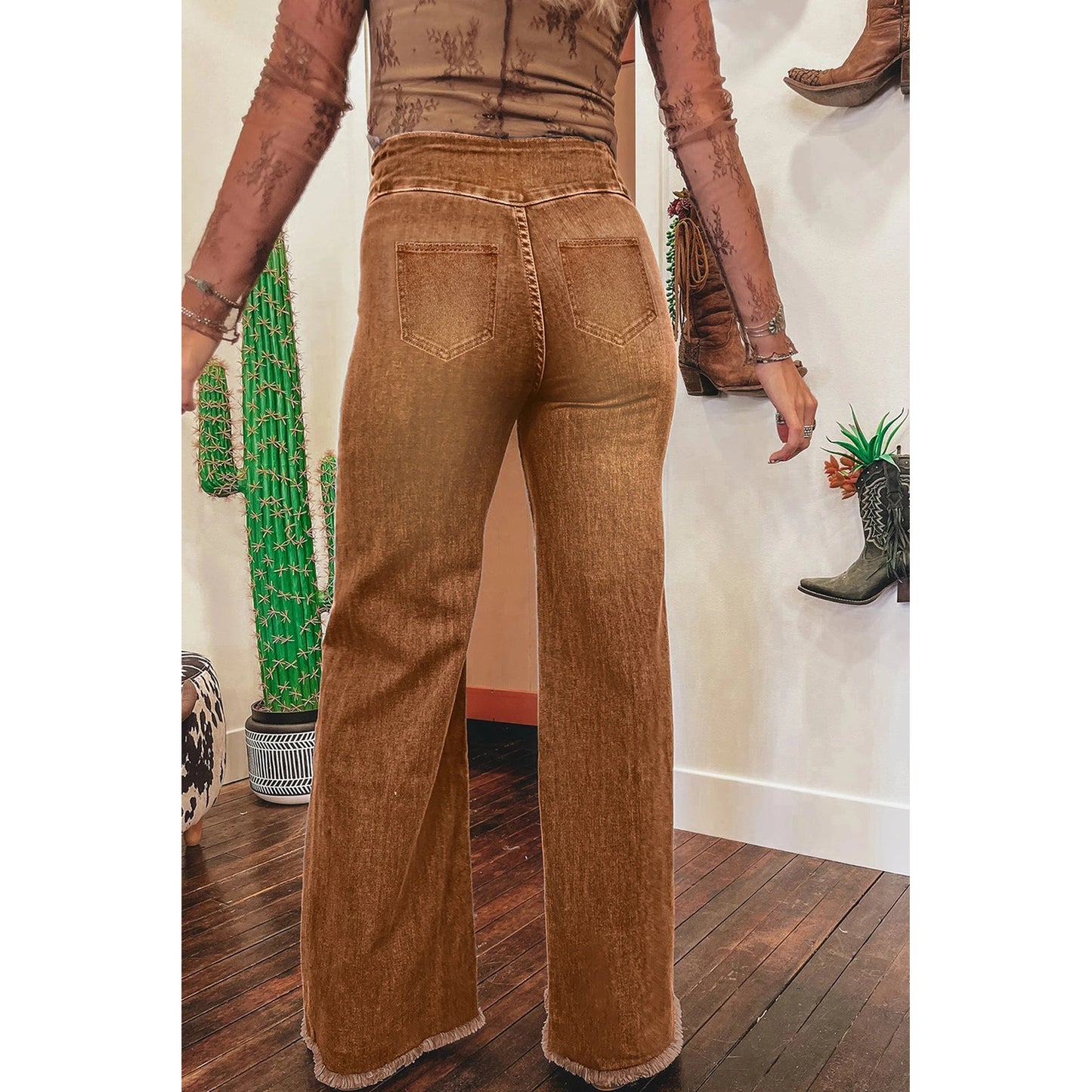 Sharma Coffee High Waist Button Fly Seamed Raw Hem Flare Jeans