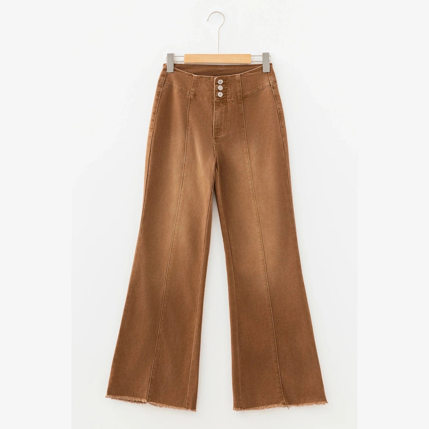 Sharma Coffee High Waist Button Fly Seamed Raw Hem Flare Jeans