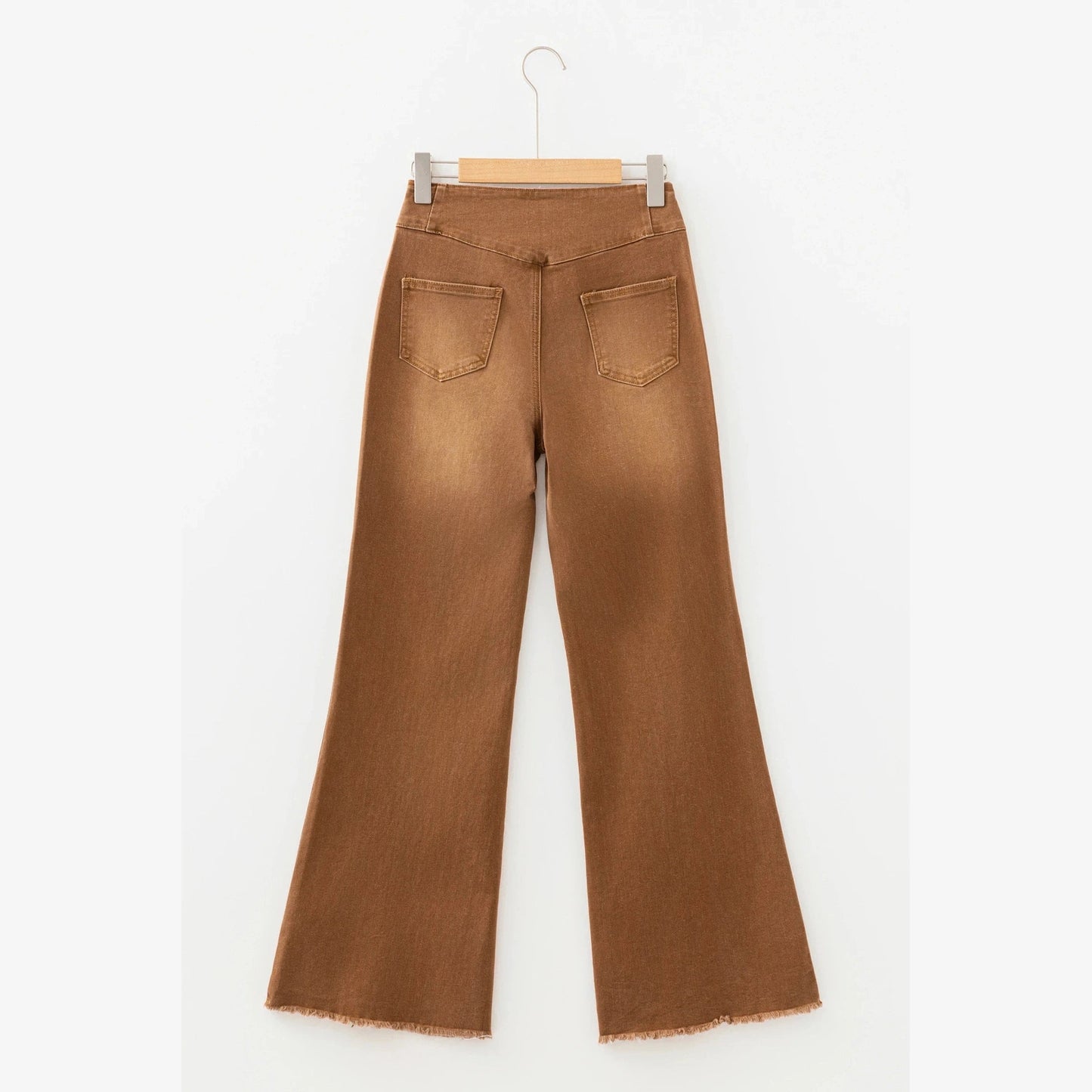 Sharma Coffee High Waist Button Fly Seamed Raw Hem Flare Jeans