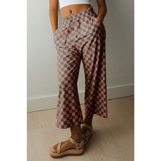 Sharpay Khaki Checkered Elastic High Waist Loose Casual Pants