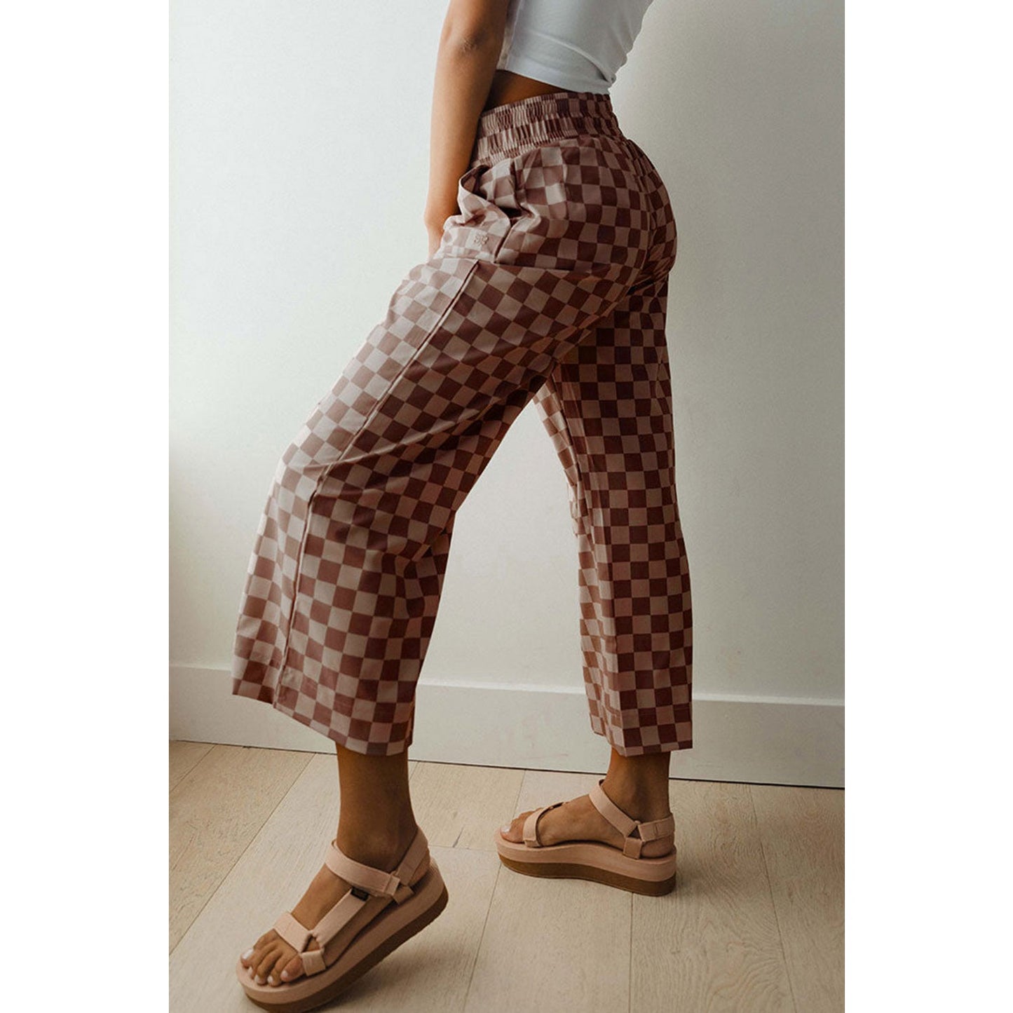 Sharpay Khaki Checkered Elastic High Waist Loose Casual Pants