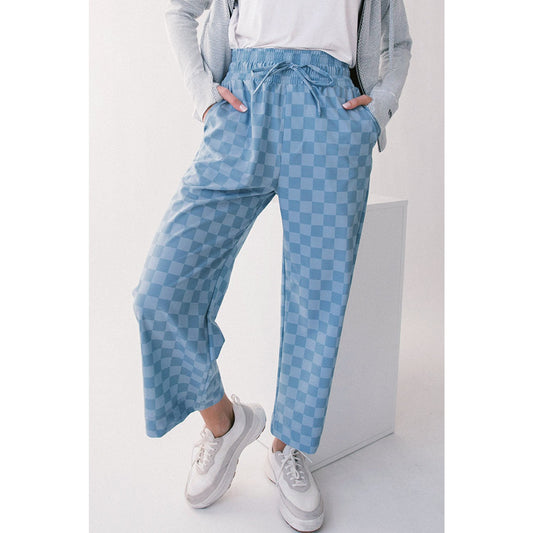 Sharpay Sky Blue Checkered Elastic High Waist Loose Casual Pants
